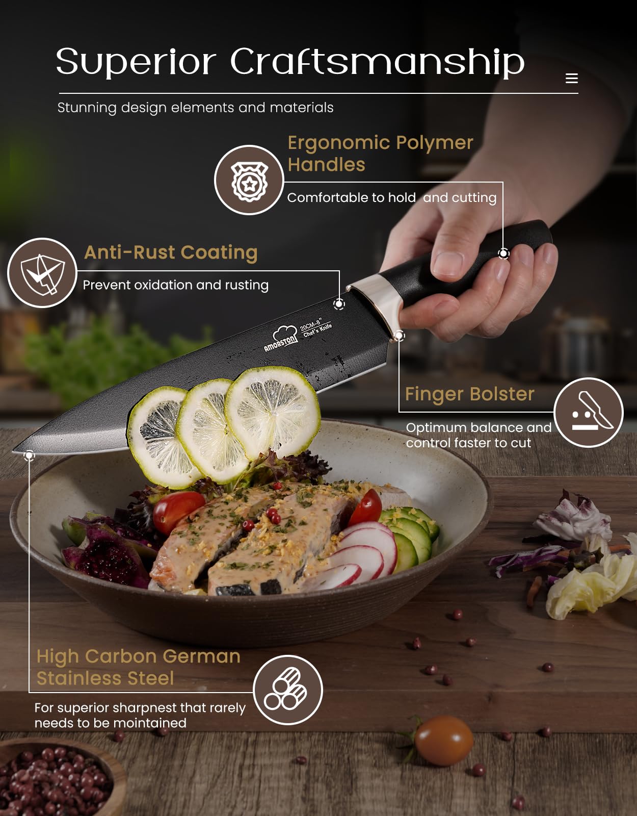 Amorston knife block with black non-stick coating for rust resistance.