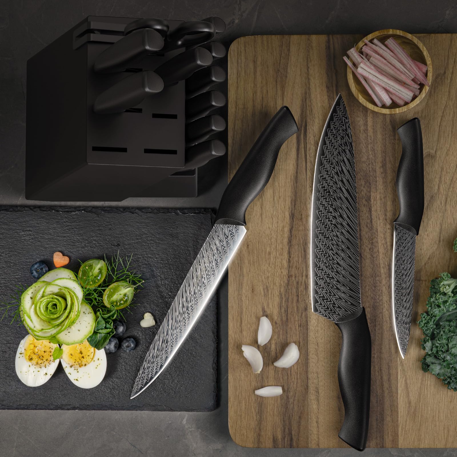 Amorston black wooden block with knives and integrated sharpener for easy maintenance