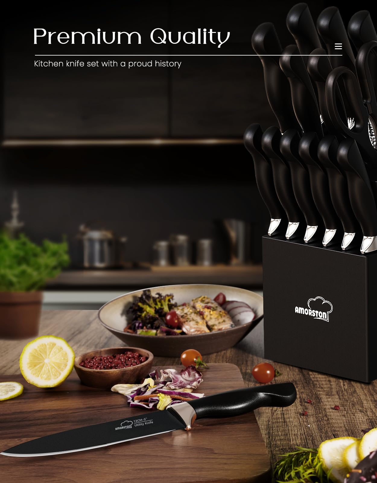 Amorston built-in sharpener keeps blades ready for precise slicing.