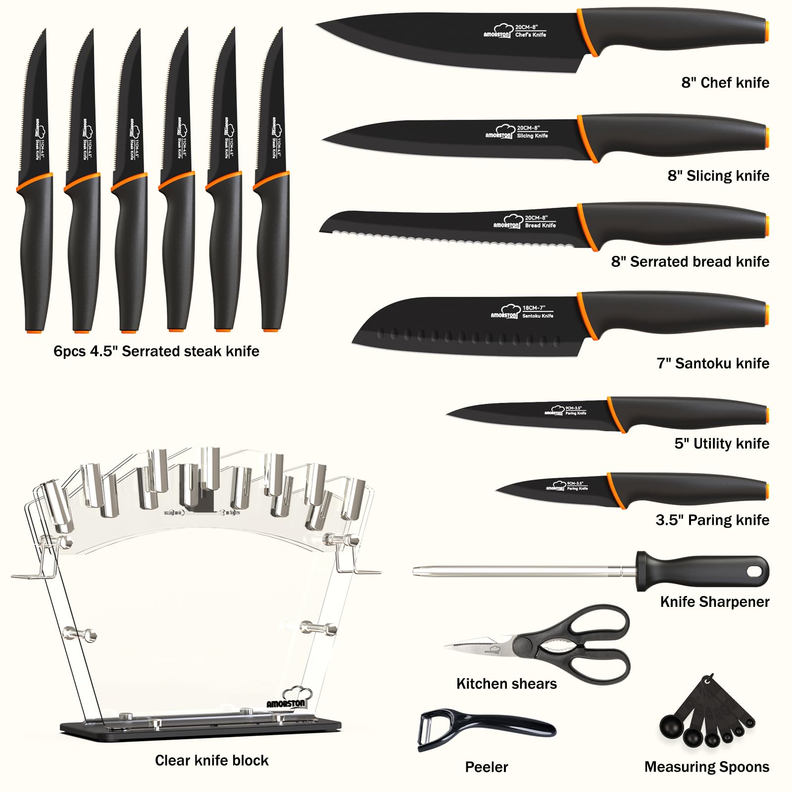 Amorston high-carbon stainless steel blades offer lasting sharpness for daily prep.