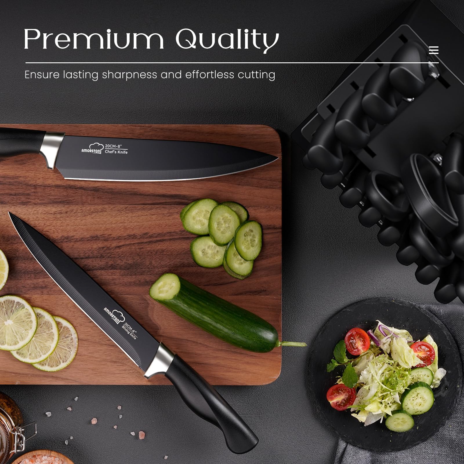 Amorston kitchen scene with block signaling organized, stylish cookware.