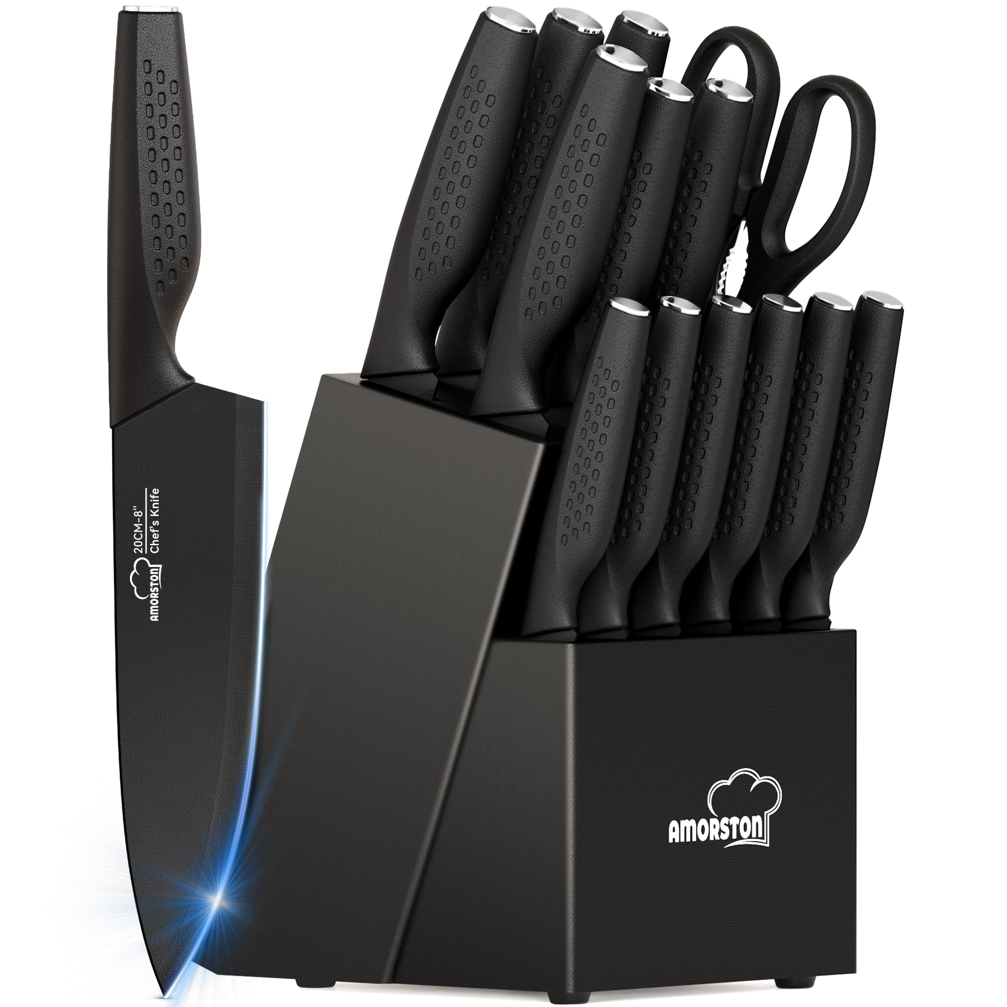 Amorston knife set with built-in sharpener in block for quick edge maintenance