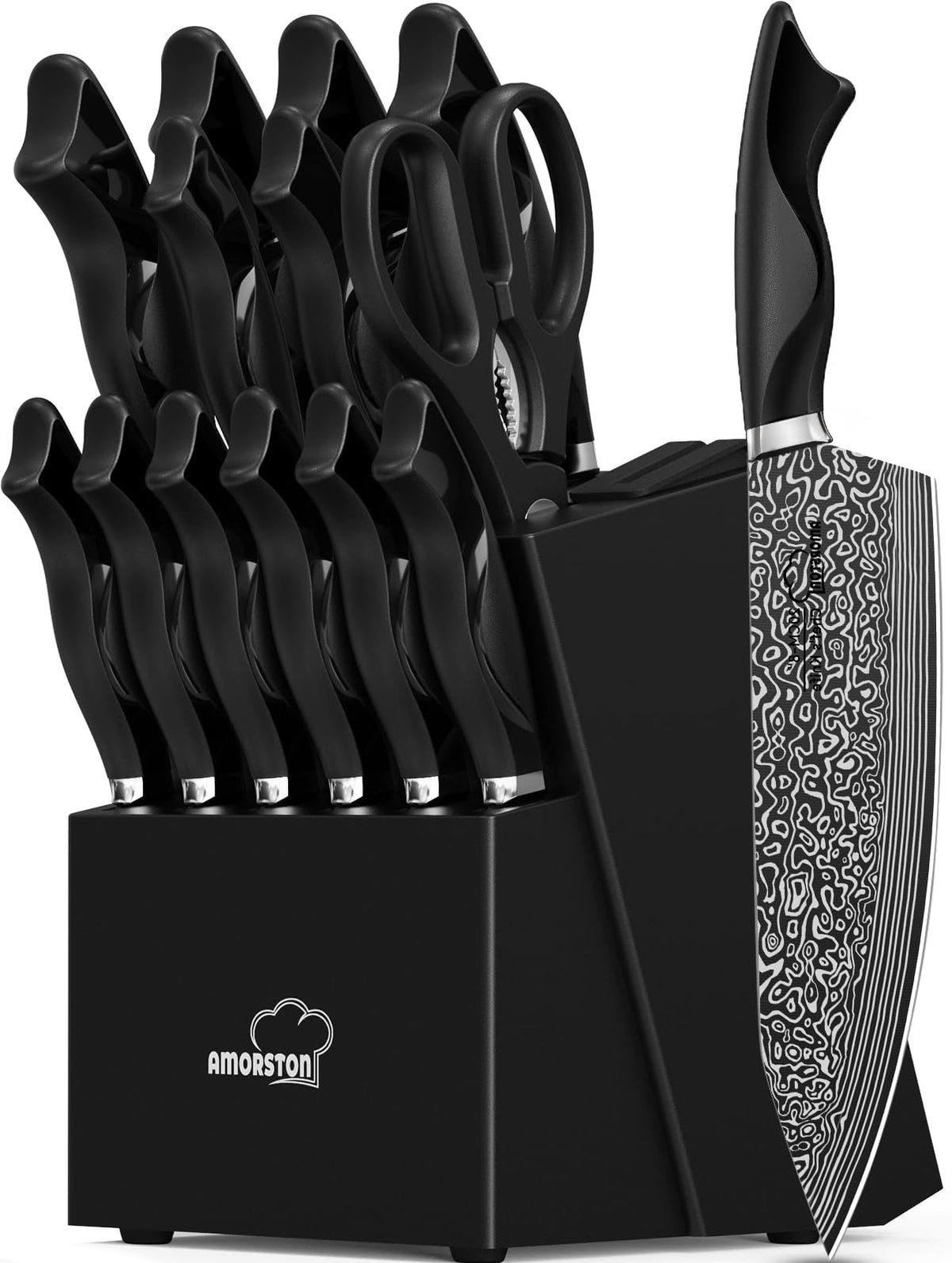 Amorston knife set block with built-in sharpener for easy edge maintenance.