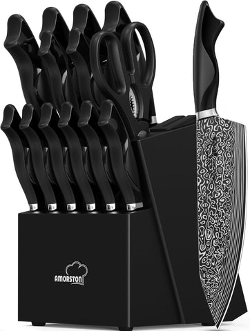 Amorston knife set block with built-in sharpener for easy edge maintenance.