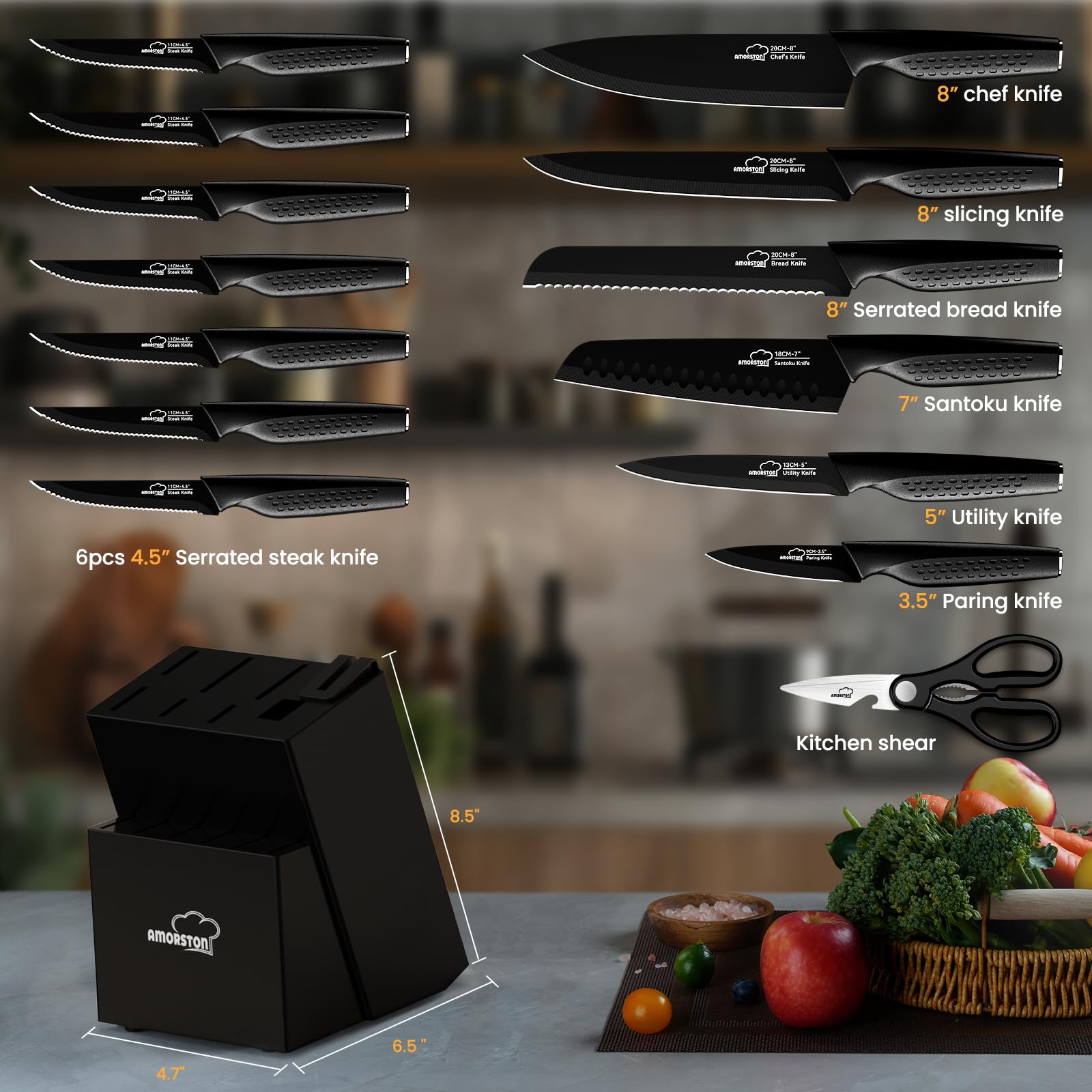Amorston 15-piece set with chef, santoku, slicer, and utility blades for versatile prep