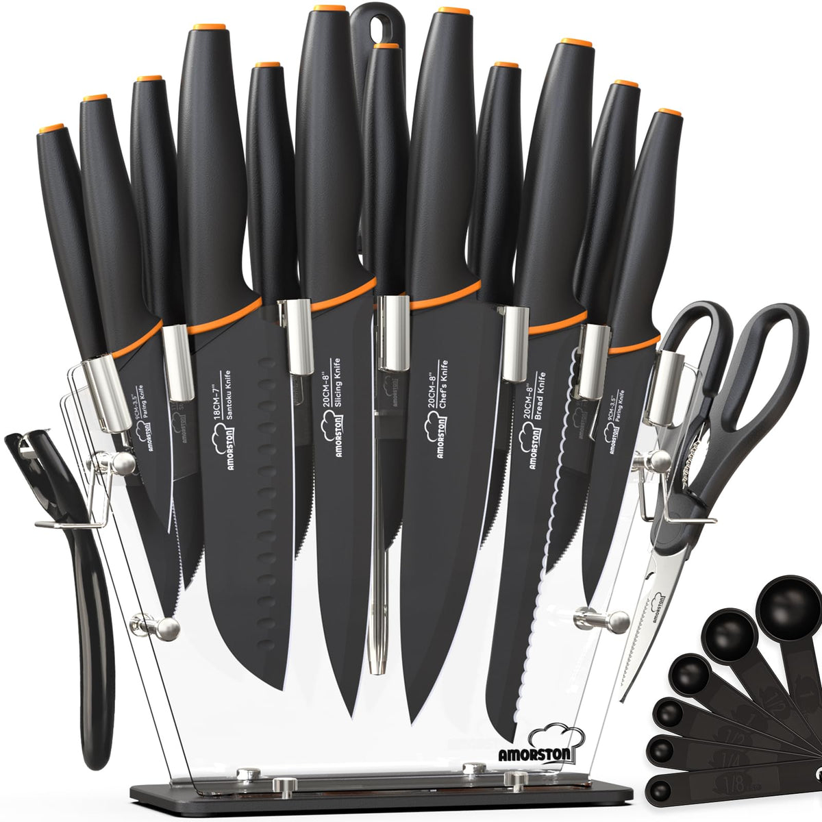 Amorston knife set in clear acrylic block displaying organized, durable kitchen tools.