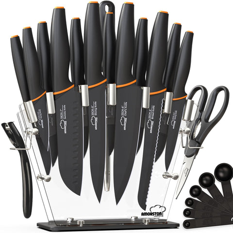 Amorston knife set in clear acrylic block displaying organized, durable kitchen tools.