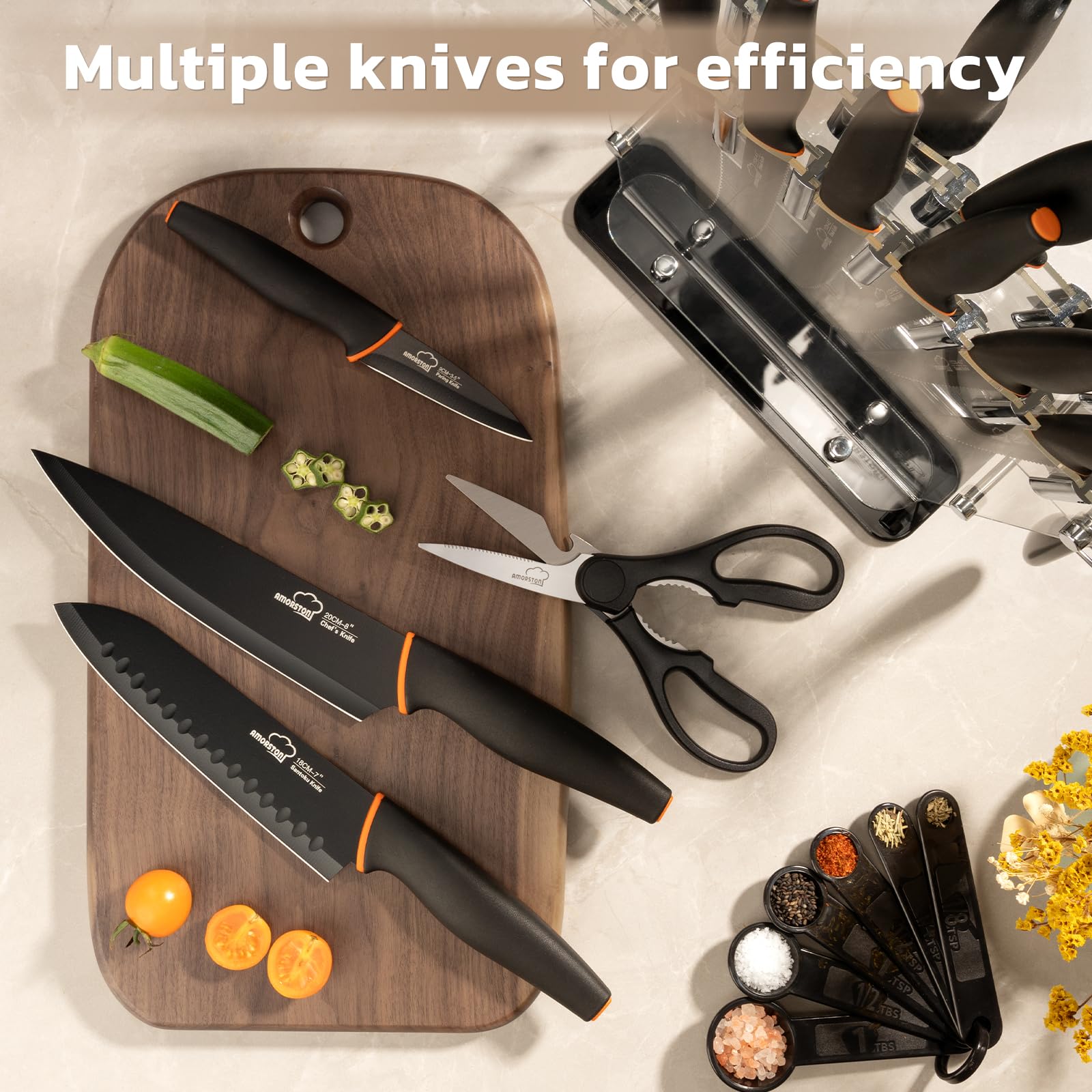 Amorston knife sharpener included to help maintain edge consistency.