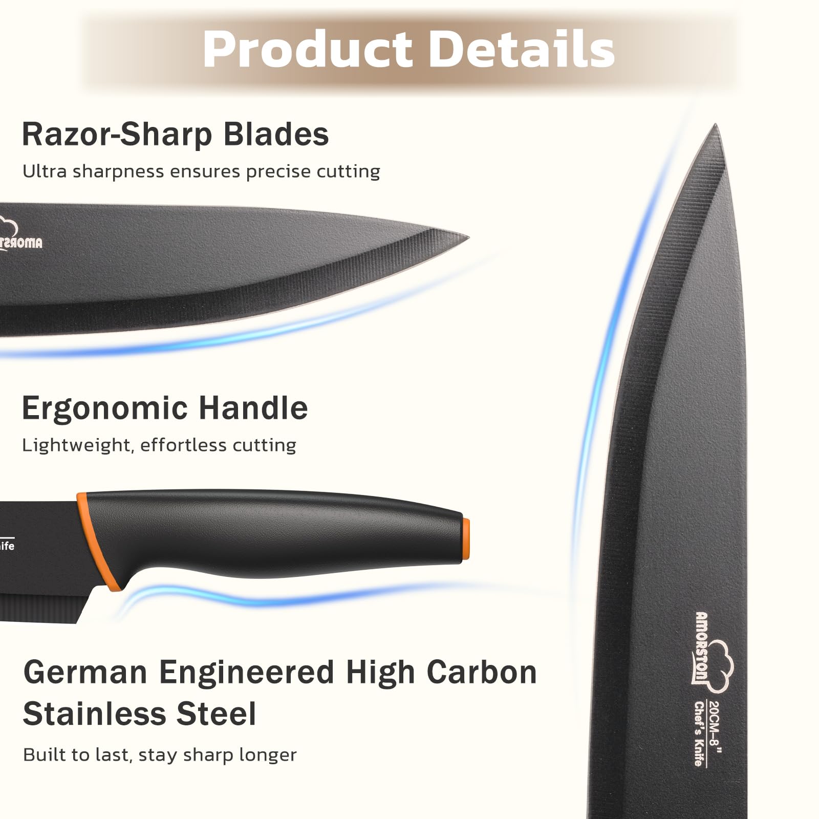 Amorston knives with rust-resistant, non-stick coating for easy cleaning and maintenance.