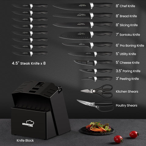 Amorston knife blades edge detail highlights razor-sharp precision for clean cuts.