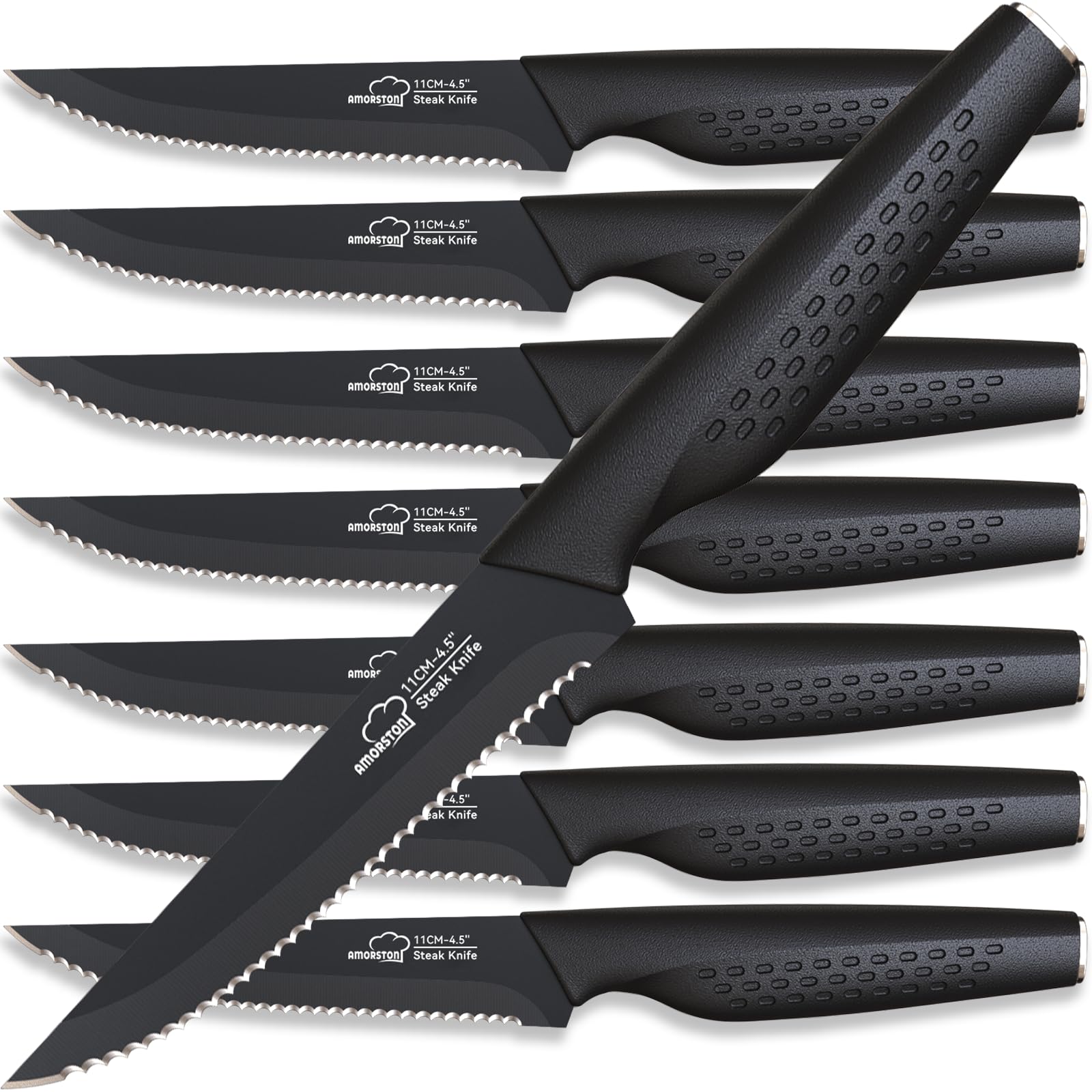 Amorston 8pc steak knives set with sharp blades for precise, clean cuts.