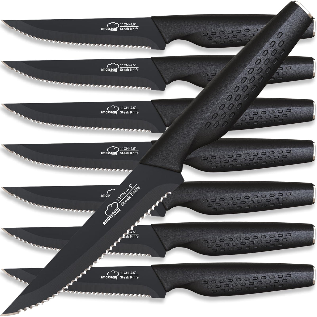 Amorston 8pc steak knives set with sharp blades for precise, clean cuts.