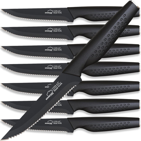 Amorston 8pc steak knives set with sharp blades for precise, clean cuts.