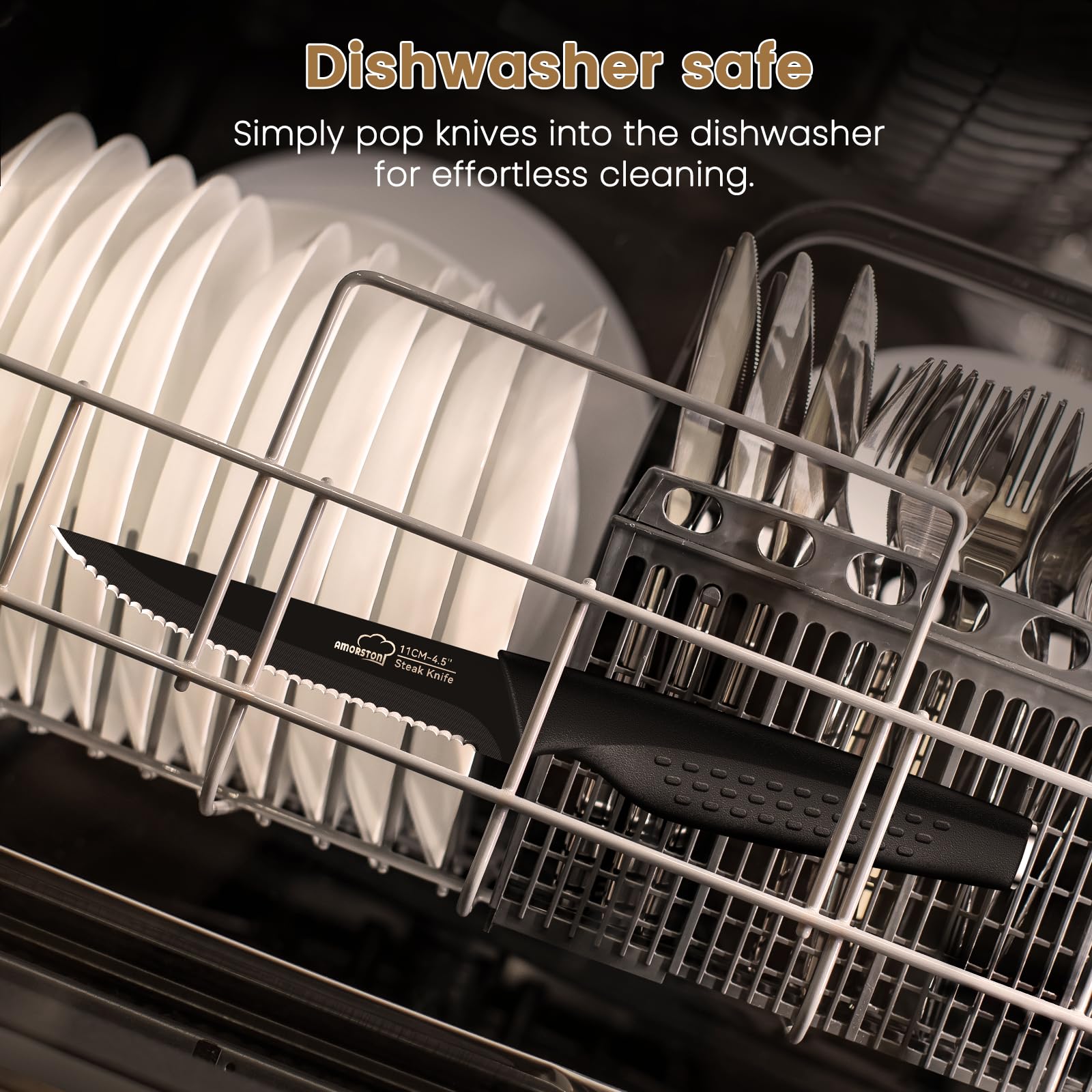 Amorston steak knives shown as dishwasher-safe for convenient cleanup.