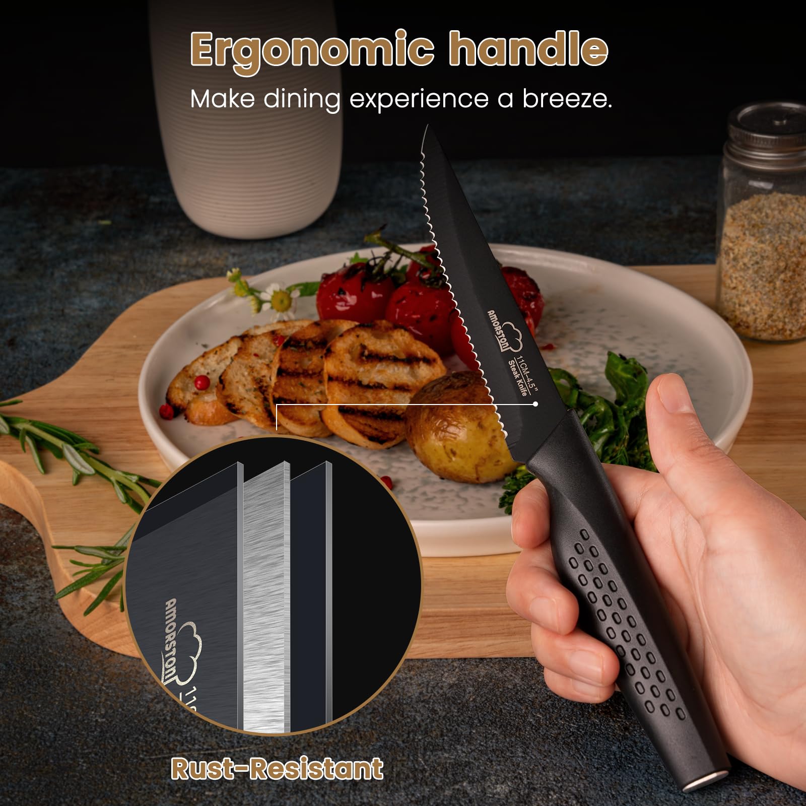 Amorston steak knives featuring an ergonomic handle for comfortable grip.