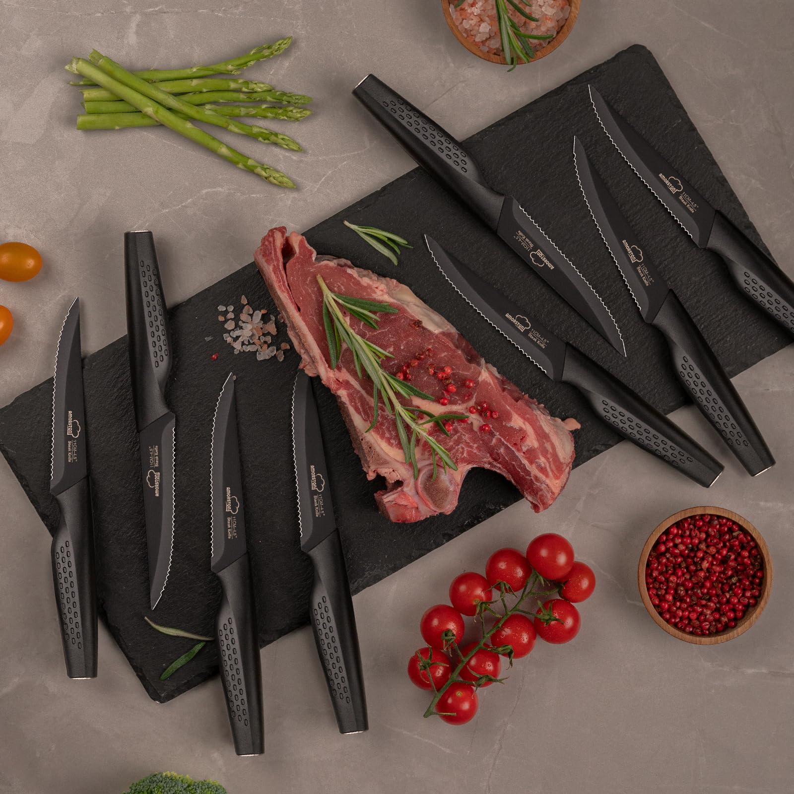 Amorston steak knives used for multipurpose meat, cheese, and bread tasks.