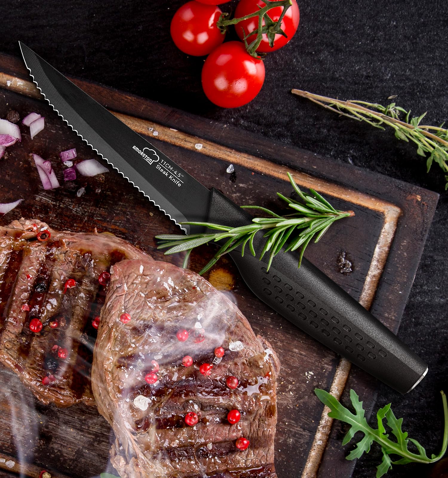 Amorston steak knives with rust-resistant coating maintaining a sleek look.