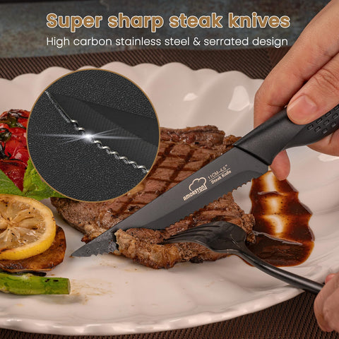 Amorston steak knives with sharp non-stick blades for easy cleaning.