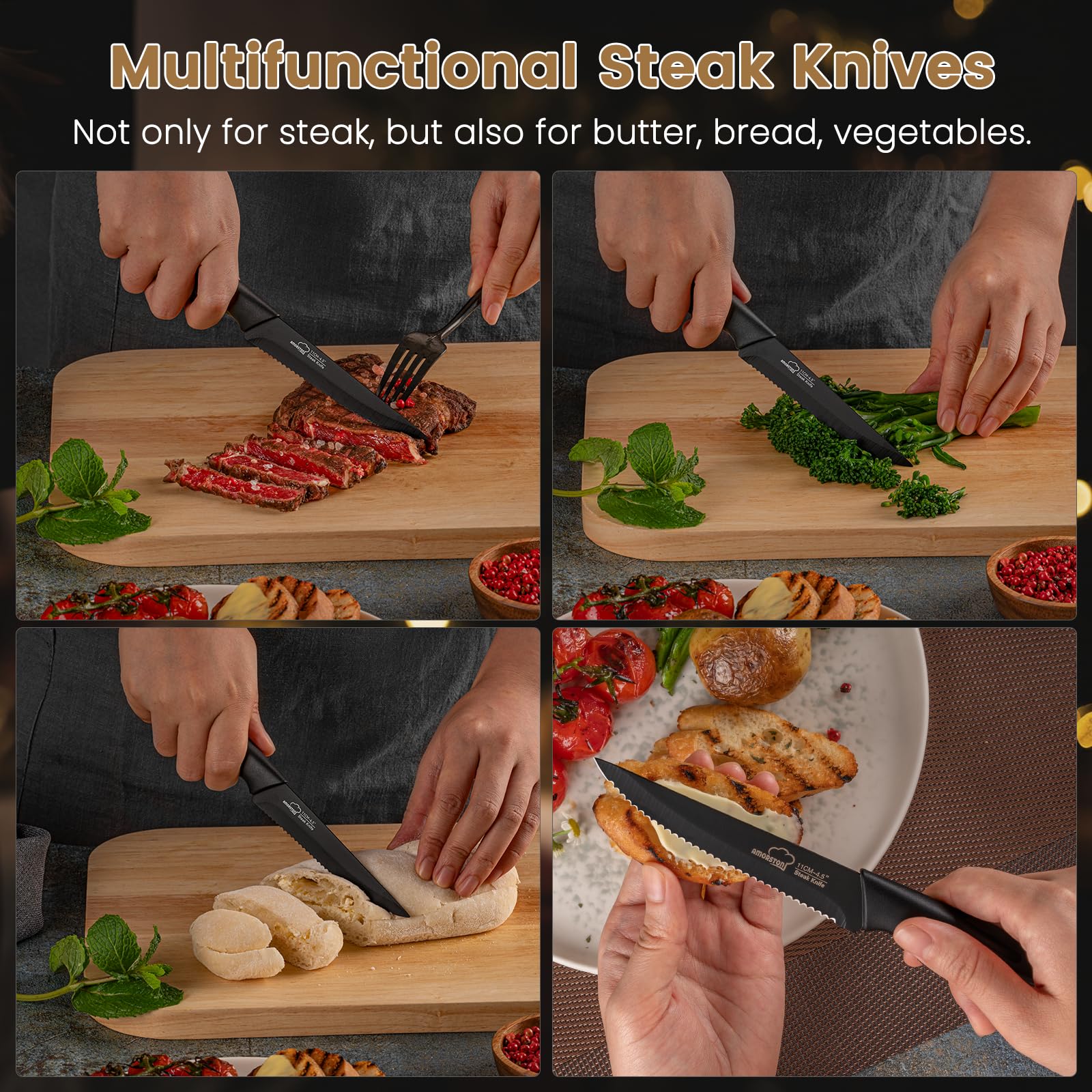 Amorston steak knives stainless steel body emphasizes durability and rust resistance.