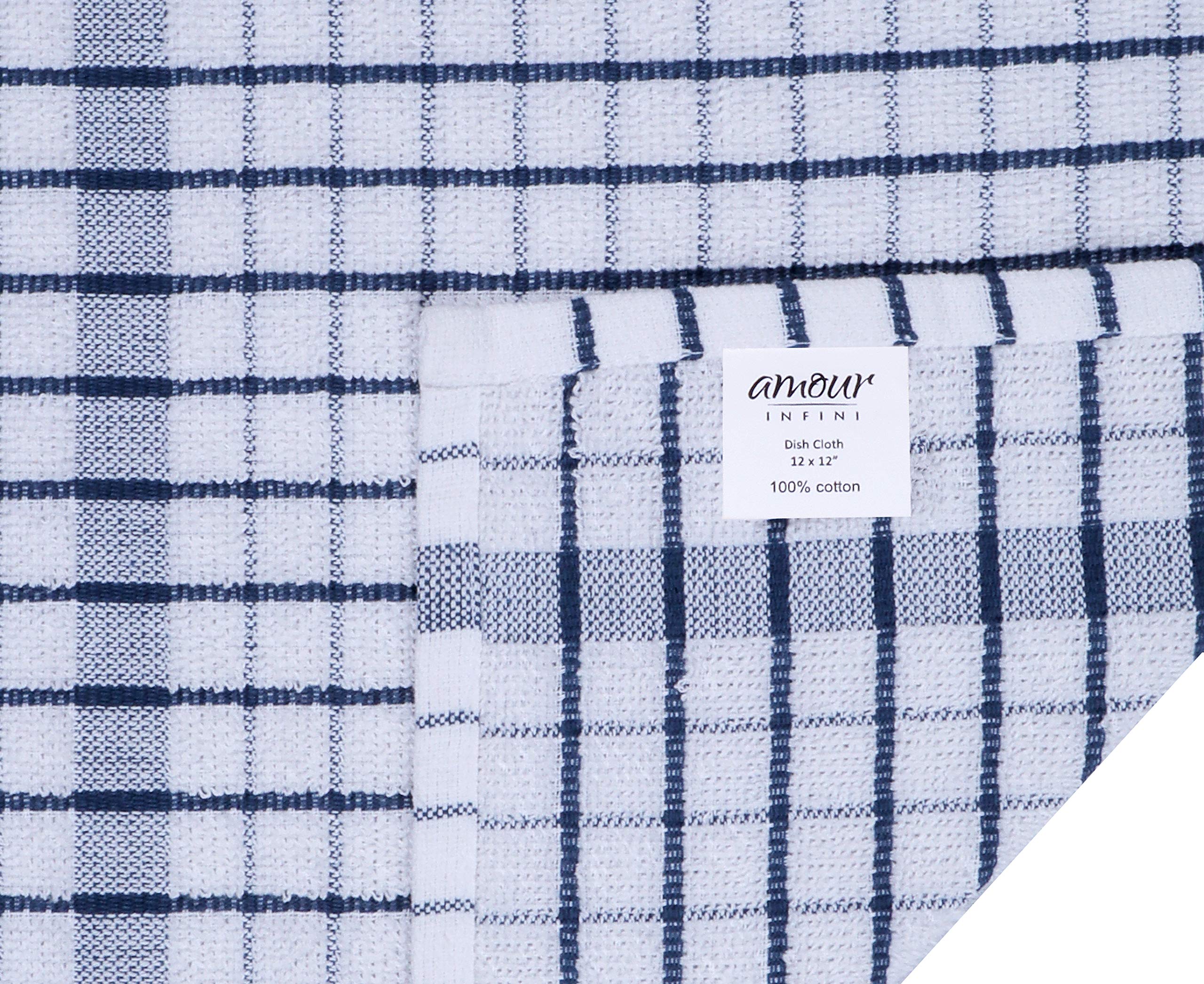 AMOUR INFINI blue 12x12 dishcloth drying spills on a counter