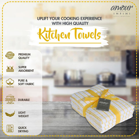 AMOUR INFINI four-pack towels ideal for drying dishes and wiping counters.
