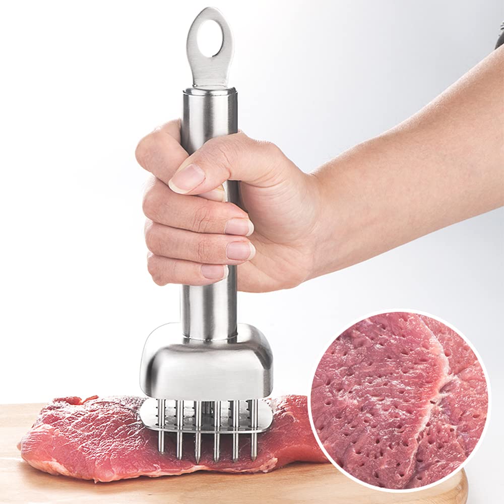 AMPSEVEN tenderizer cleaning image emphasizes easy maintenance after use.