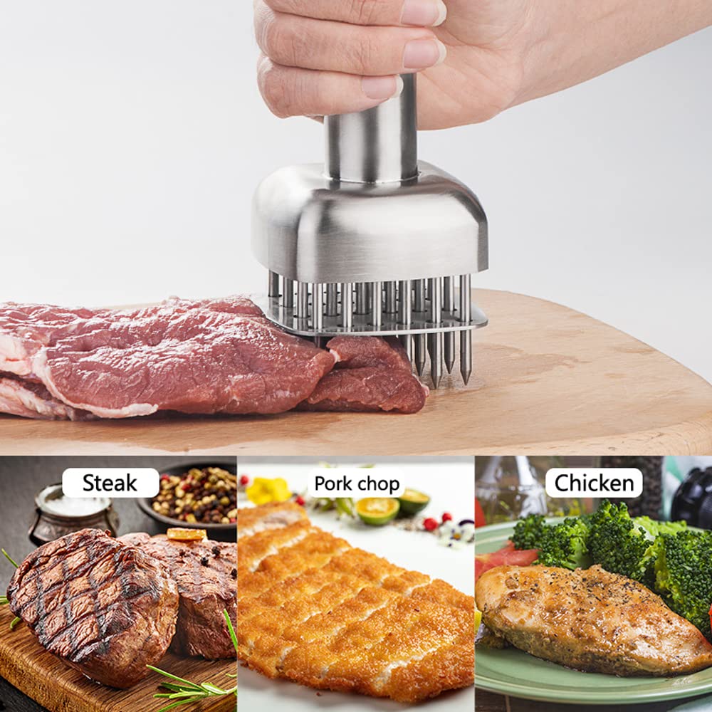 AMPSEVEN meat tenderizer size guide demonstrates compact dimensions for kitchen storage.