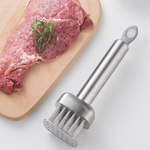 AMPSEVEN meat tenderizer on steak highlights improved marinade penetration and texture.