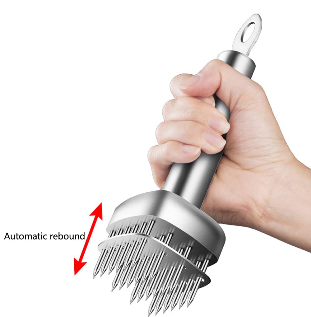 AMPSEVEN tenderizer in action shows spikes penetrating thick cuts evenly.