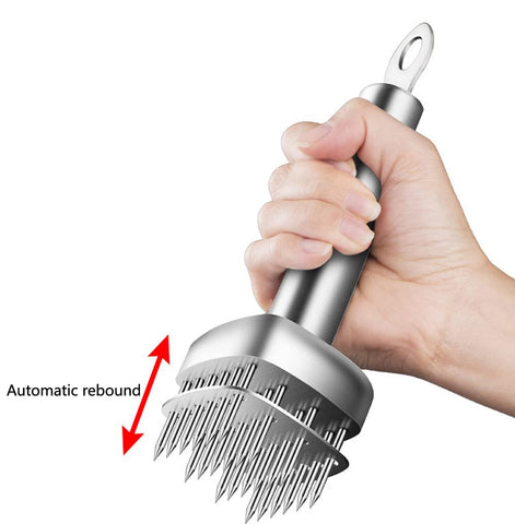 AMPSEVEN tenderizer in action shows spikes penetrating thick cuts evenly.