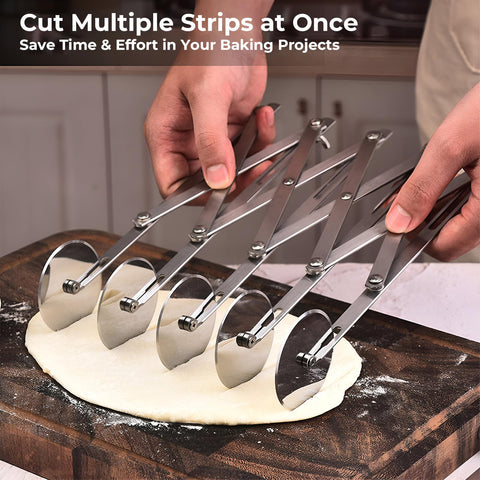 Amroicus 5-Wheel Pastry Cutter side view highlights adjustable spacing for custom widths