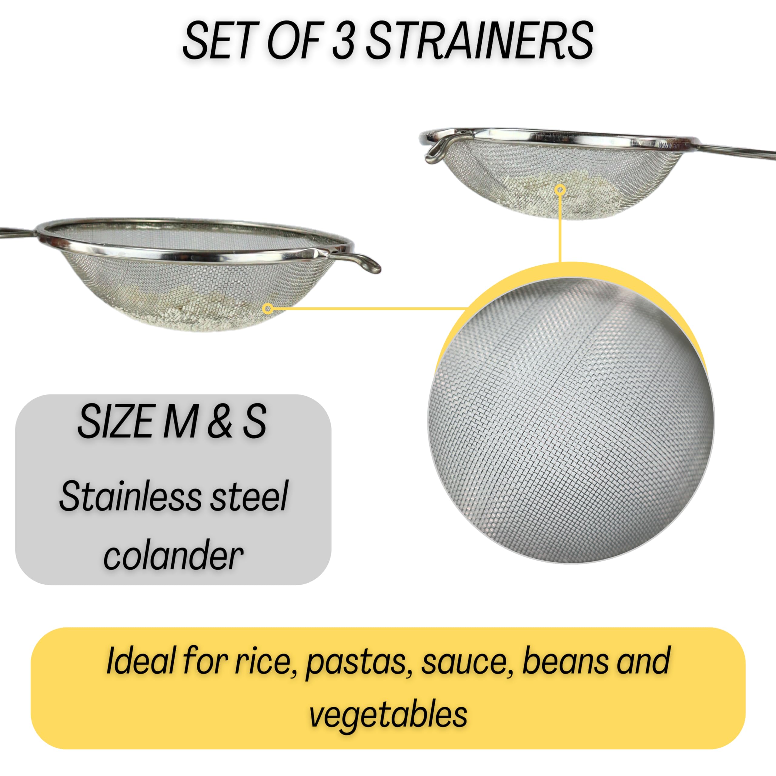 AMSE stainless steel strainers with ergonomic handle and kickstand for safe storage