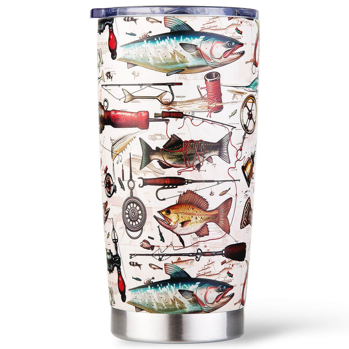 Amutta fish mug pattern close-up with fish, rods, and lures for anglers