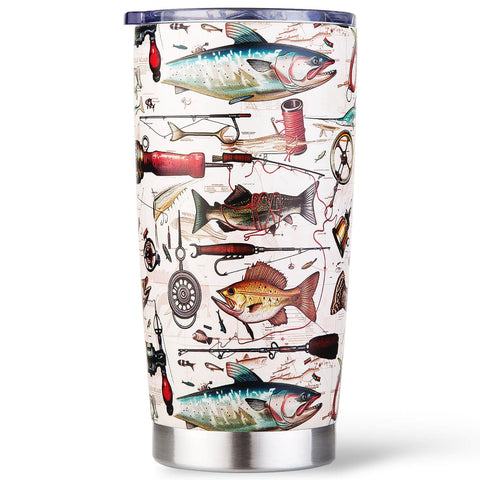 Amutta fish mug pattern close-up with fish, rods, and lures for anglers