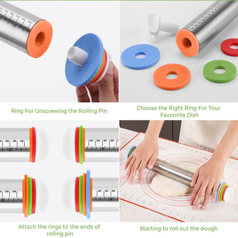 AMUZHI rolling pin with four rings shown for precise dough thickness