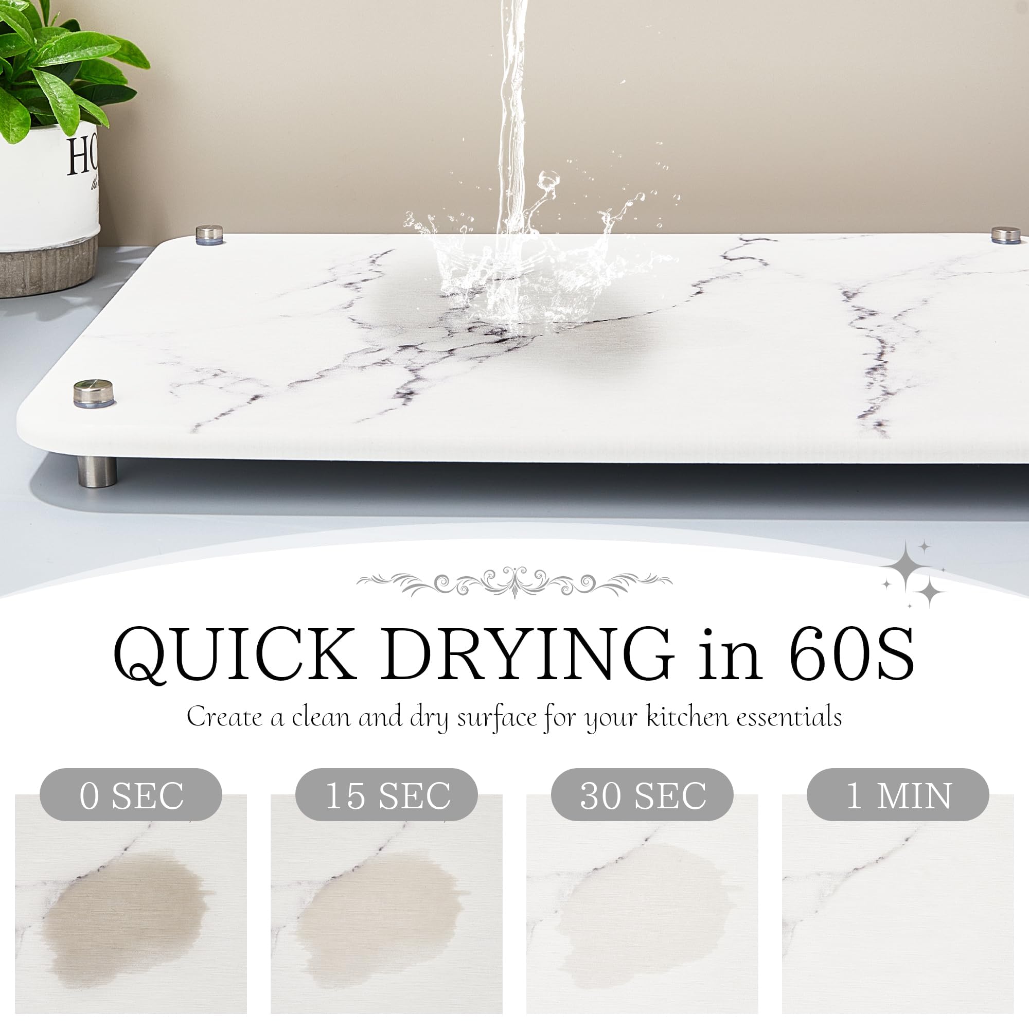 Amviner white marble style drying mat on a modern kitchen counter.