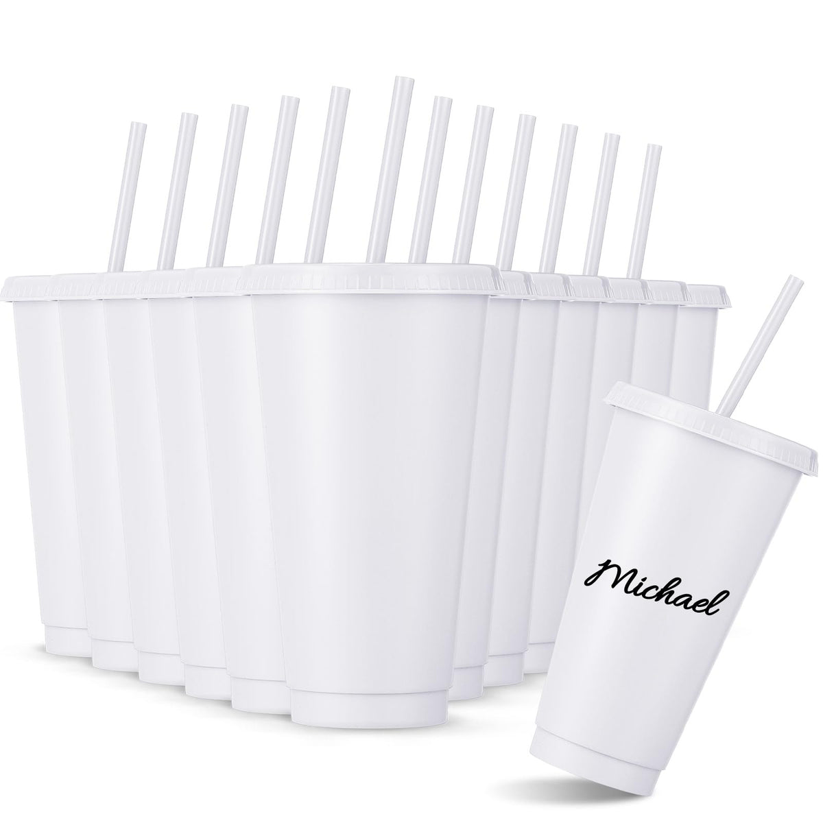 Amyhill 12-pcs reusable cups with lids and straws in white for easy party planning.