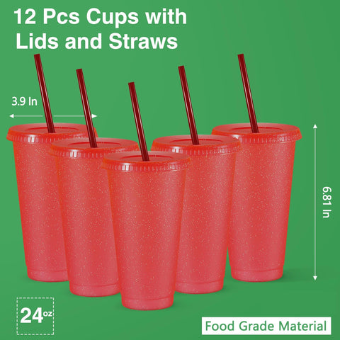 Amyhill 24oz plastic tumbler with red glitter, lid, and straw for iced coffee.
