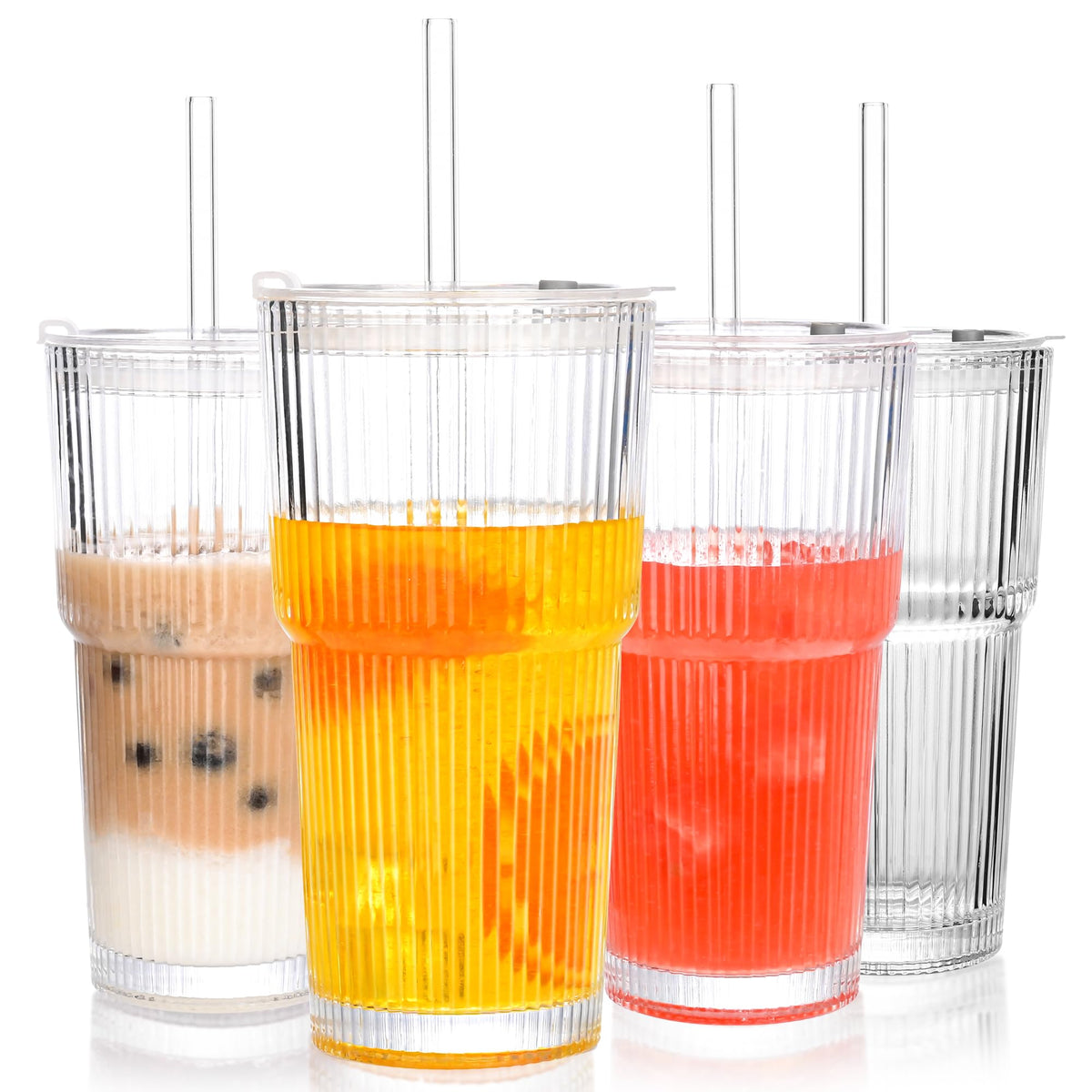 Amyoole 20oz ribbed tumbler set with four pieces, ideal for iced drinks on the go.