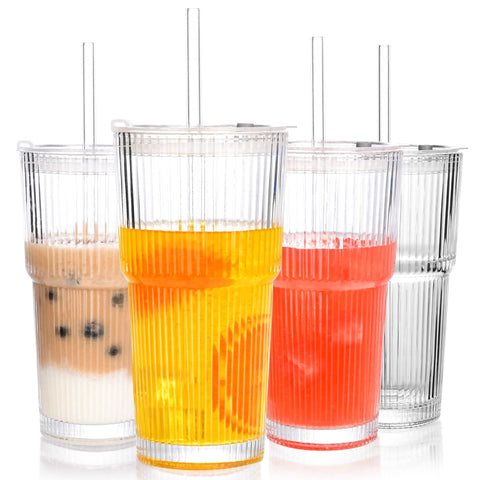 Amyoole 20oz ribbed tumbler set with four pieces, ideal for iced drinks on the go.