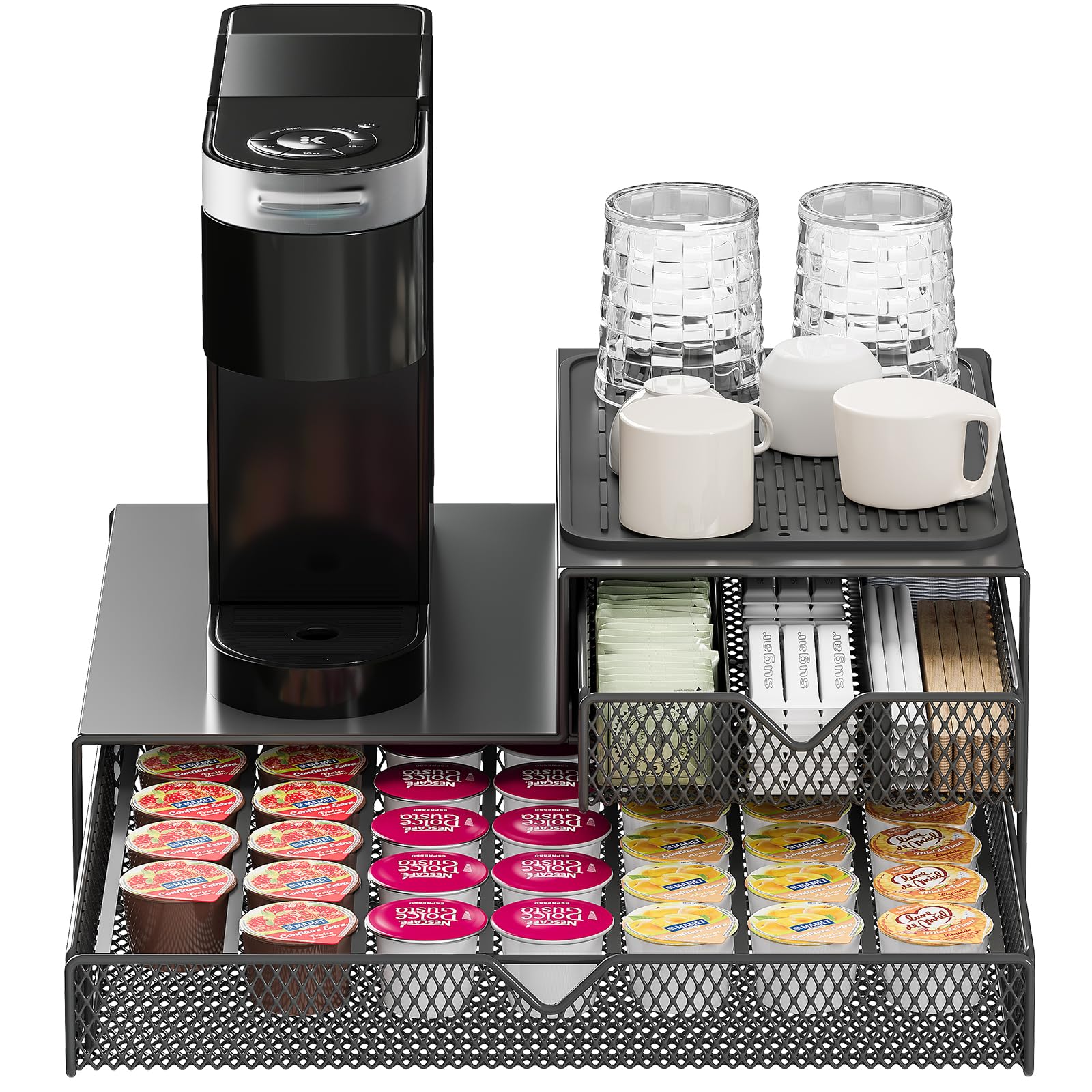 AmzAge coffee maker countertop organizer front view with integrated no-assembly setup