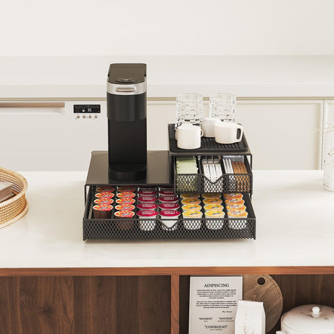 AmzAge upper layer stores cups, sugar packets, and stirrers within easy reach