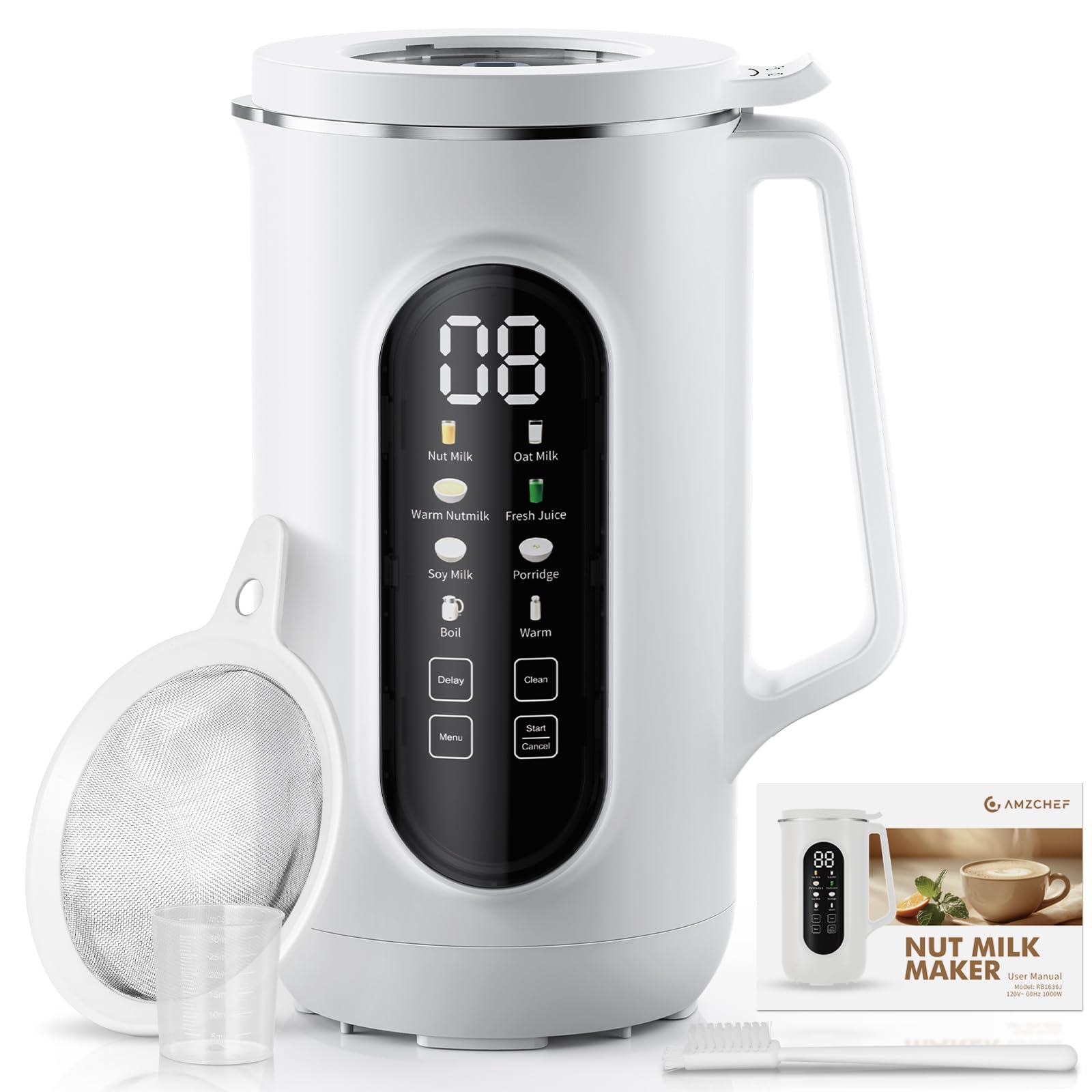 AMZCHEF 40oz Nut Milk Maker front view with clear display for plant-based milks
