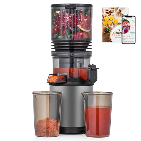 AMZCHEF cold press juicer with a 6-inch feed chute enables quick whole-fruit prep.