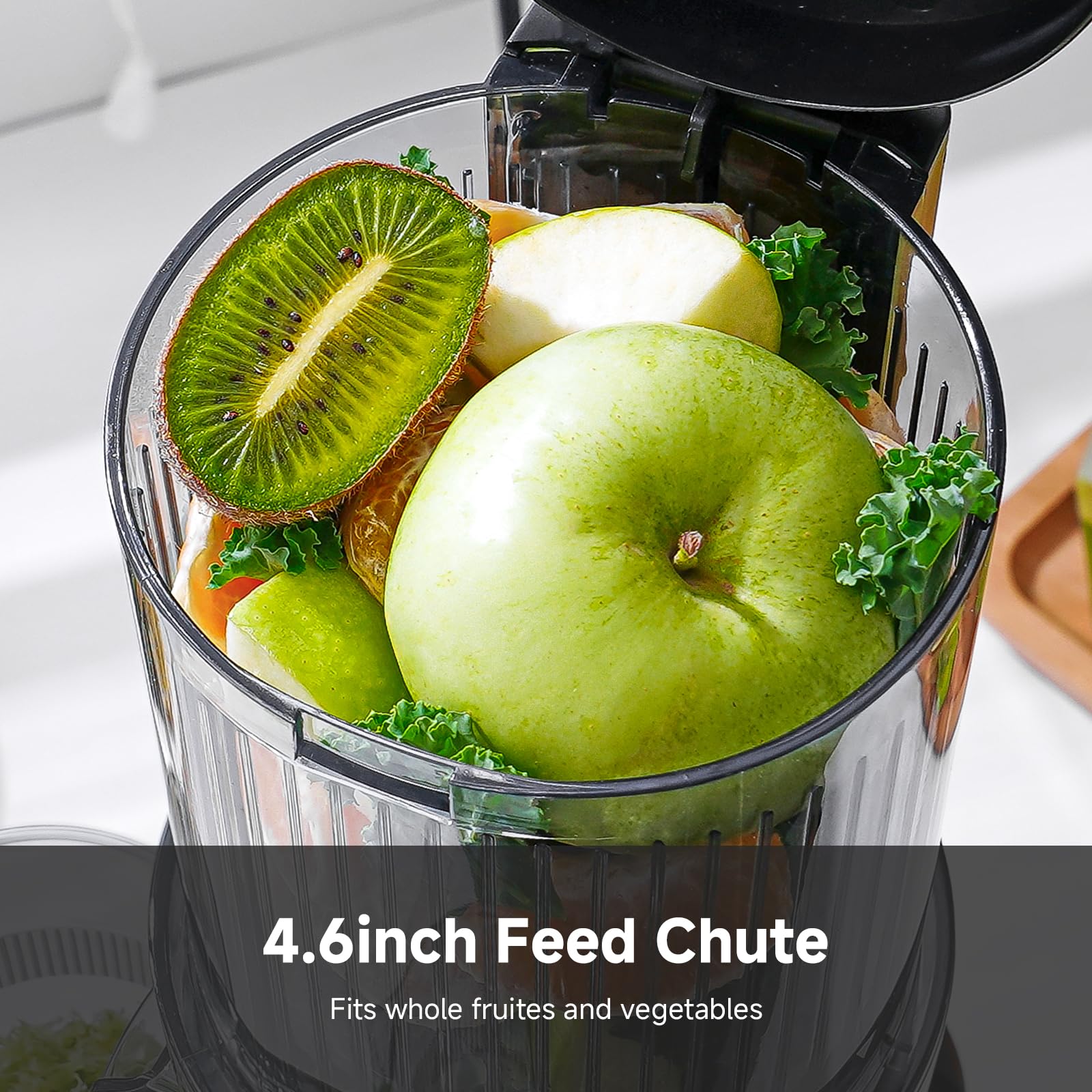 AMZCHEF cold press juicer large feed chute reduces pre-cutting time.