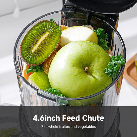AMZCHEF cold press juicer large feed chute reduces pre-cutting time.