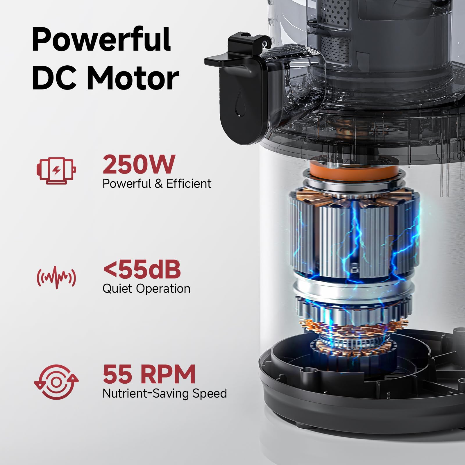 AMZCHEF quiet DC motor keeps kitchen noise low during juicing.