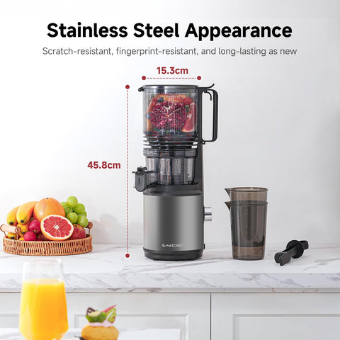 AMZCHEF slow-masticating design offers gentle extraction and versatile juice textures.