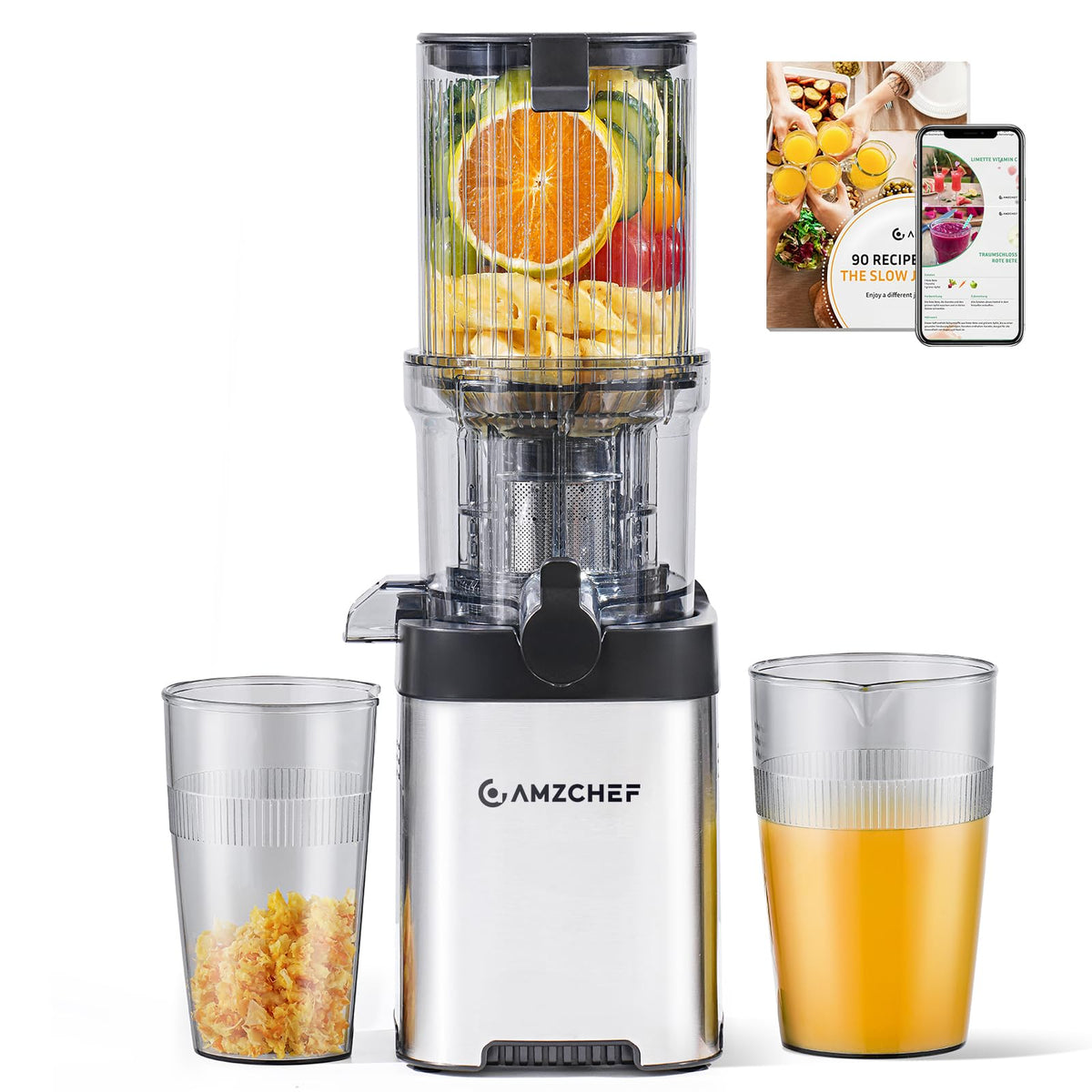 AMZCHEF cold press juicer with wide mouth for effortless whole fruit juicing.