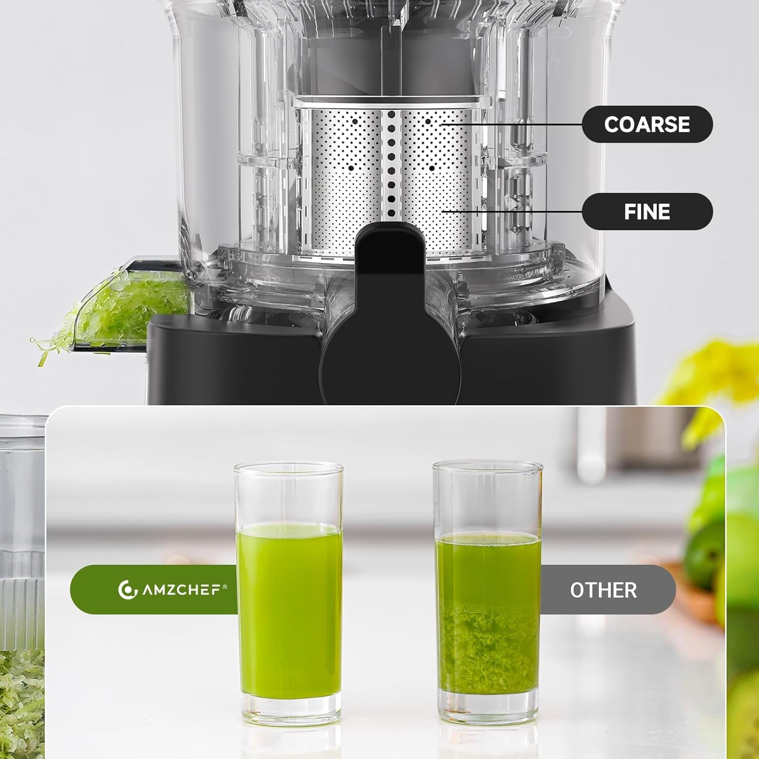 AMZCHEF juicer operates at 60 RPM for smooth, low-sediment juice.